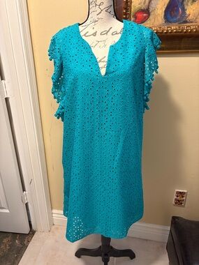 🌴Lilly Pulitzer Astara water lilly green Pom-pom trim sleeve eyelet shift Dress